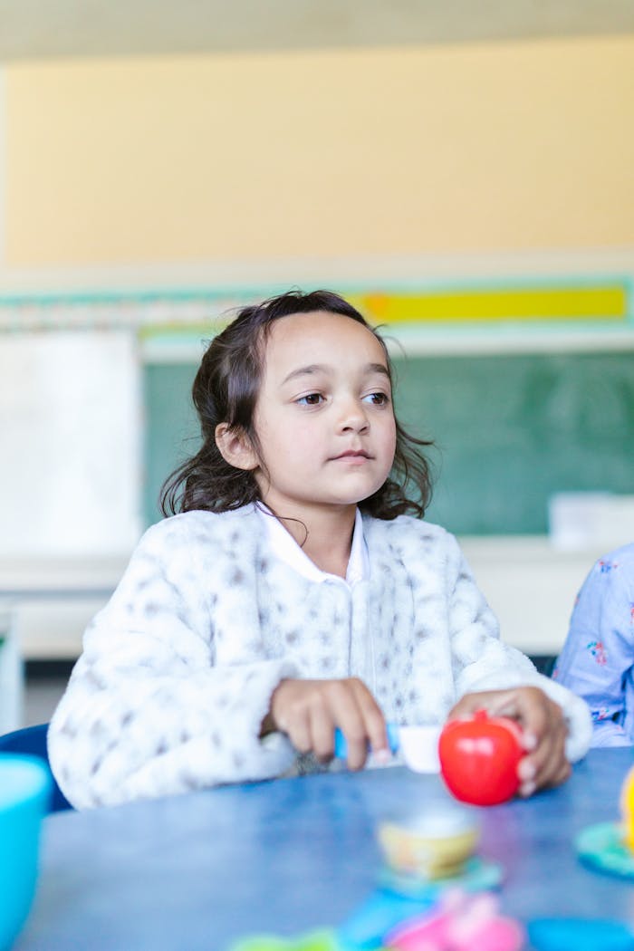 A child in a classroom setting with toys and colorful surroundings, capturing the essence of early learning.